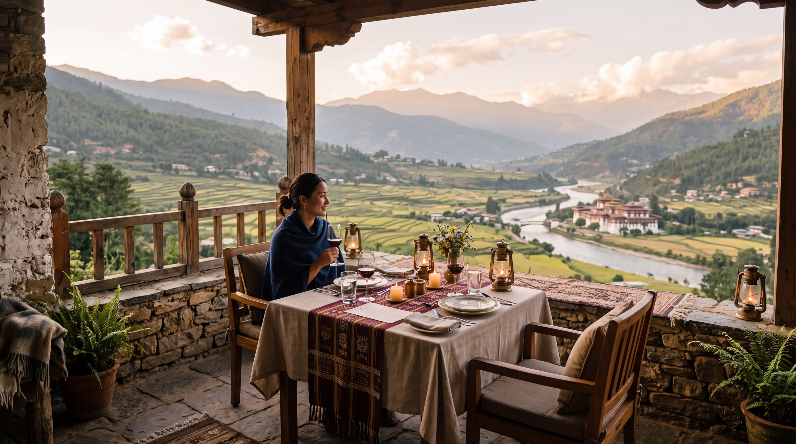A candlelit private dinner on a terrace above the Punakha valley at dusk