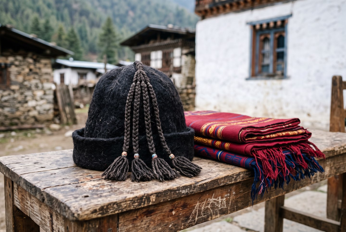 A Brokpa yak-hair hat on a wooden bench
