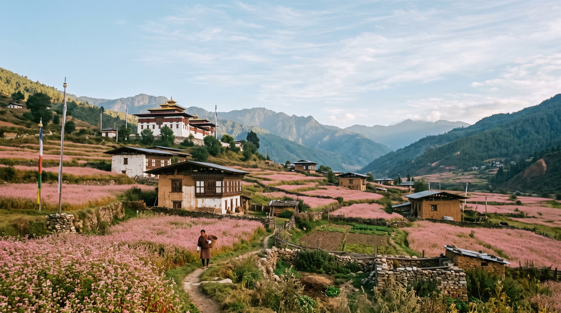 Buckwheat fields and farmhouses in Bumthang’s Tang valley