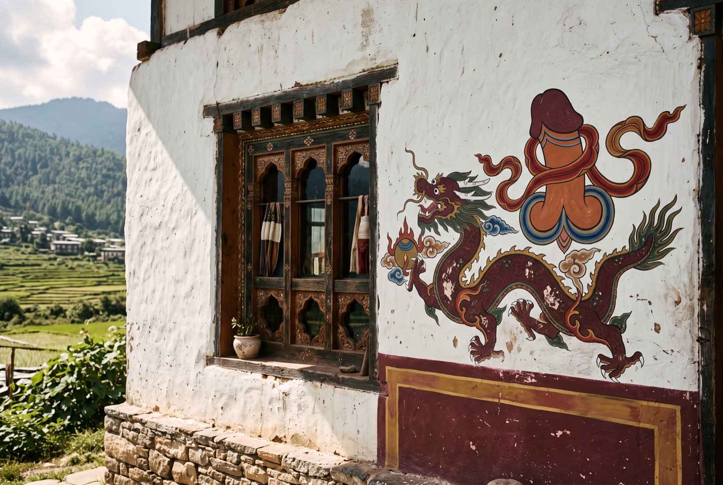 Protective folk paintings on a farmhouse wall