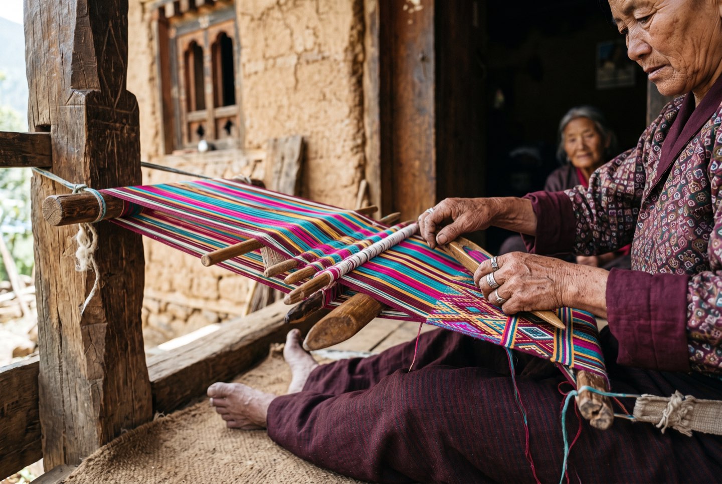 A weaver’s hands at a backstrap loom