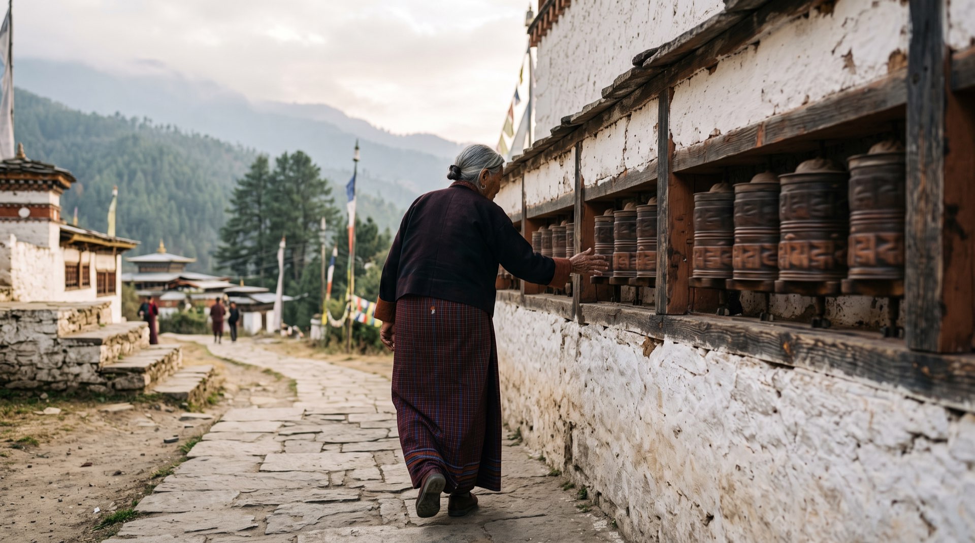 An elderly woman turning a large prayer wheel