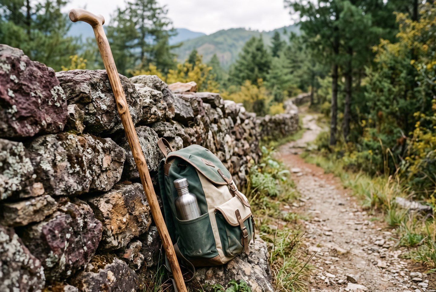 A walking stick and daypack against a stone wall