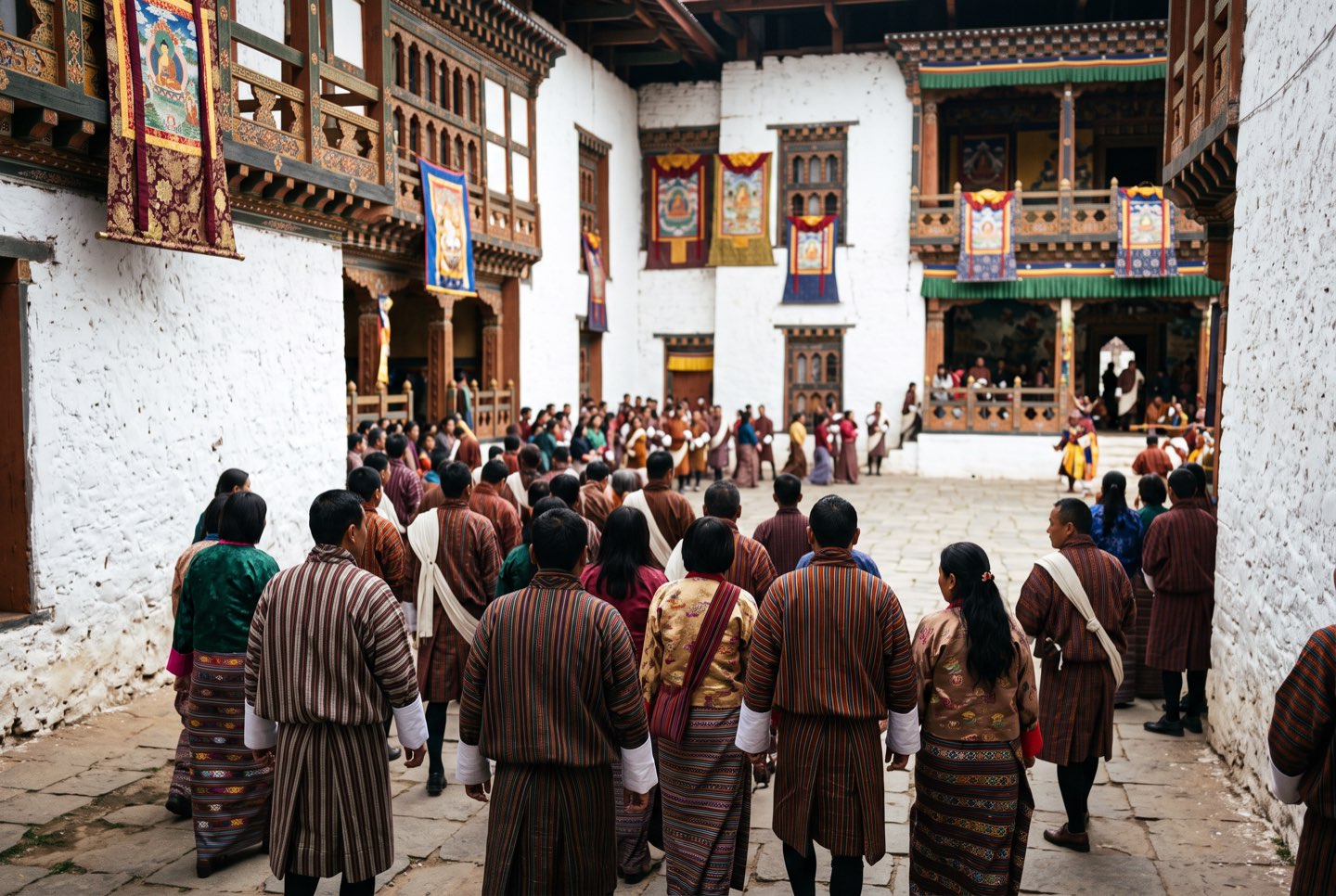 A courtyard filling before a festival