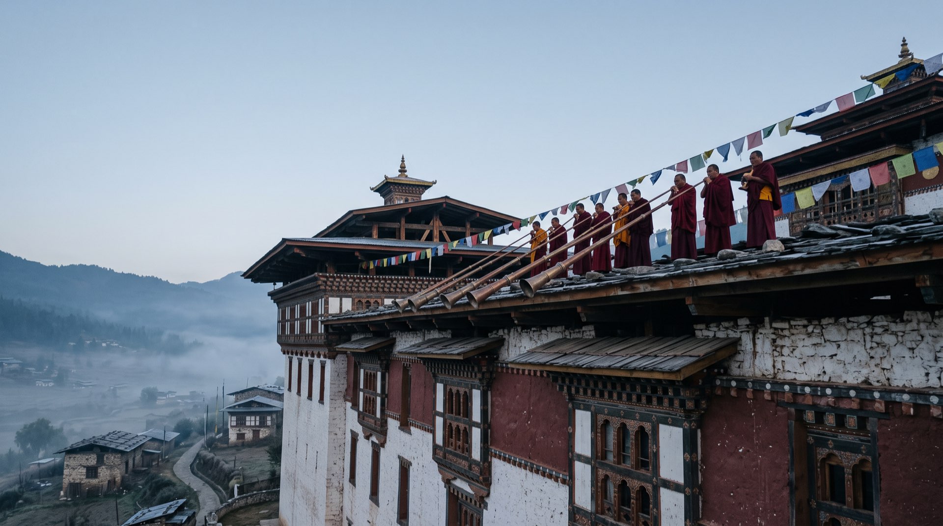 Monks with long horns on a dzong rooftop at dawn