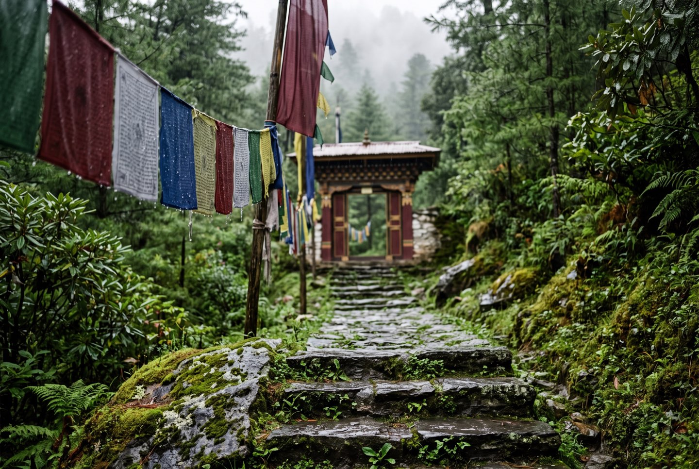 Rain-soaked prayer flags on a mossy temple path