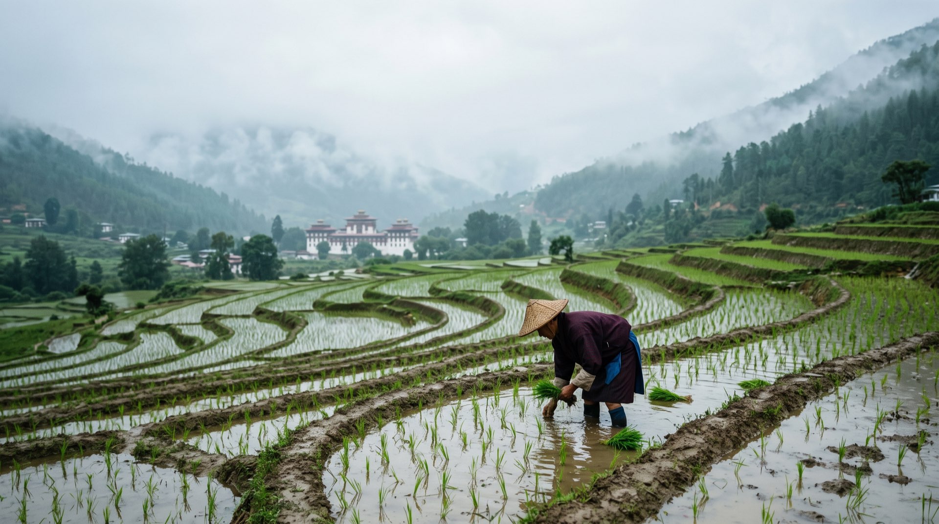 A farmer planting rice in monsoon mist
