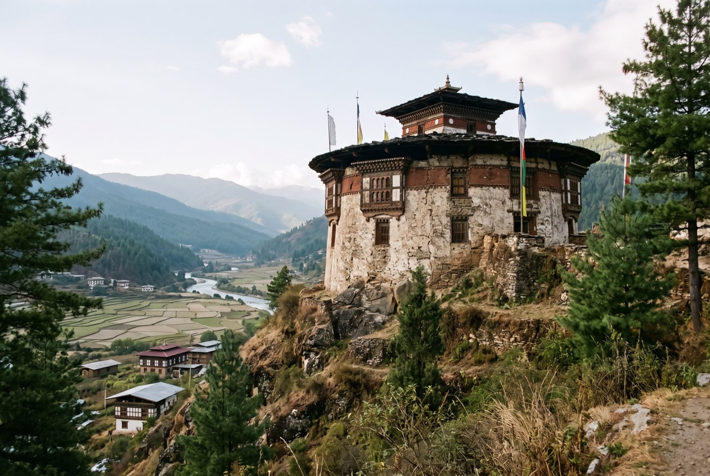 The old watchtower above Paro in morning light
