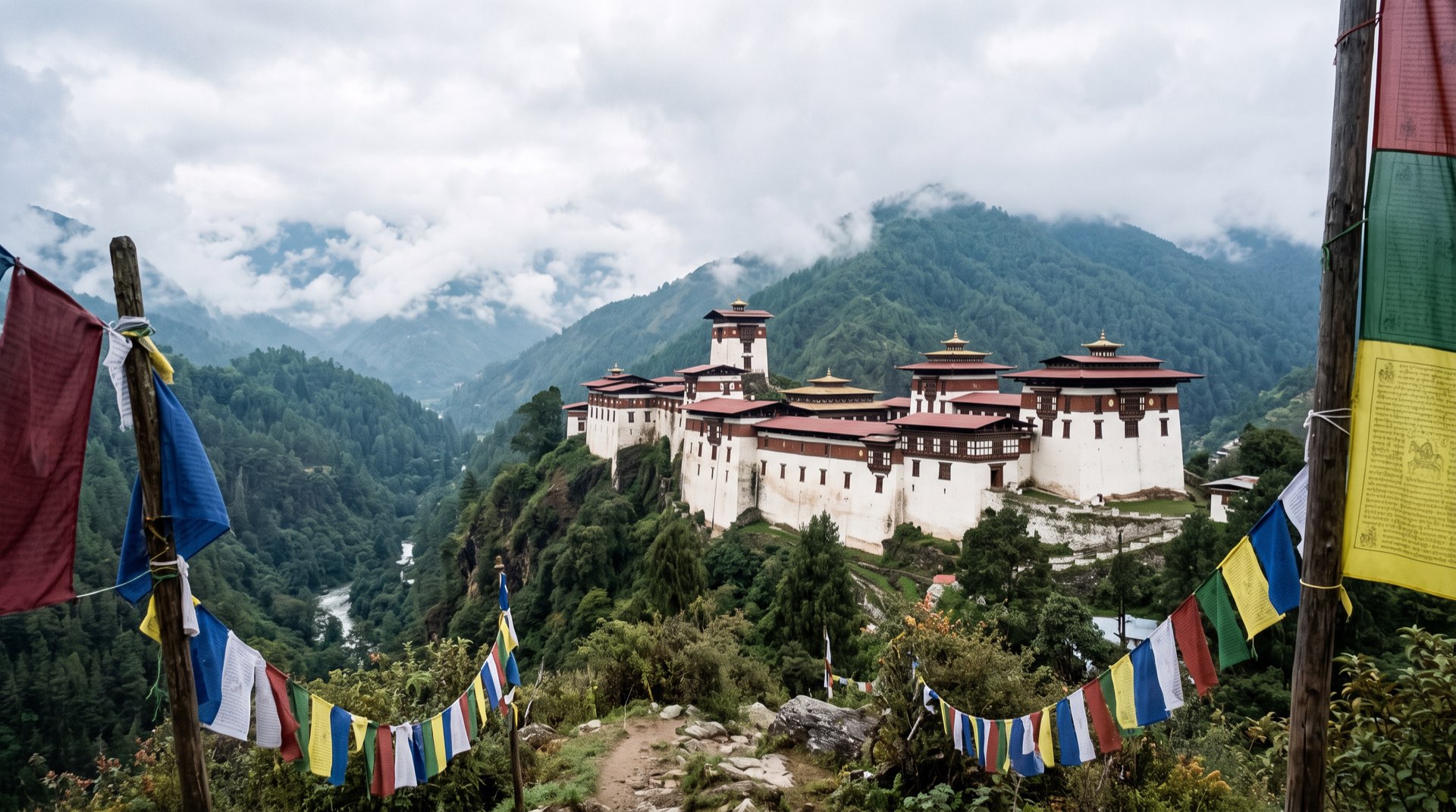 Trongsa Dzong across the gorge in cloud