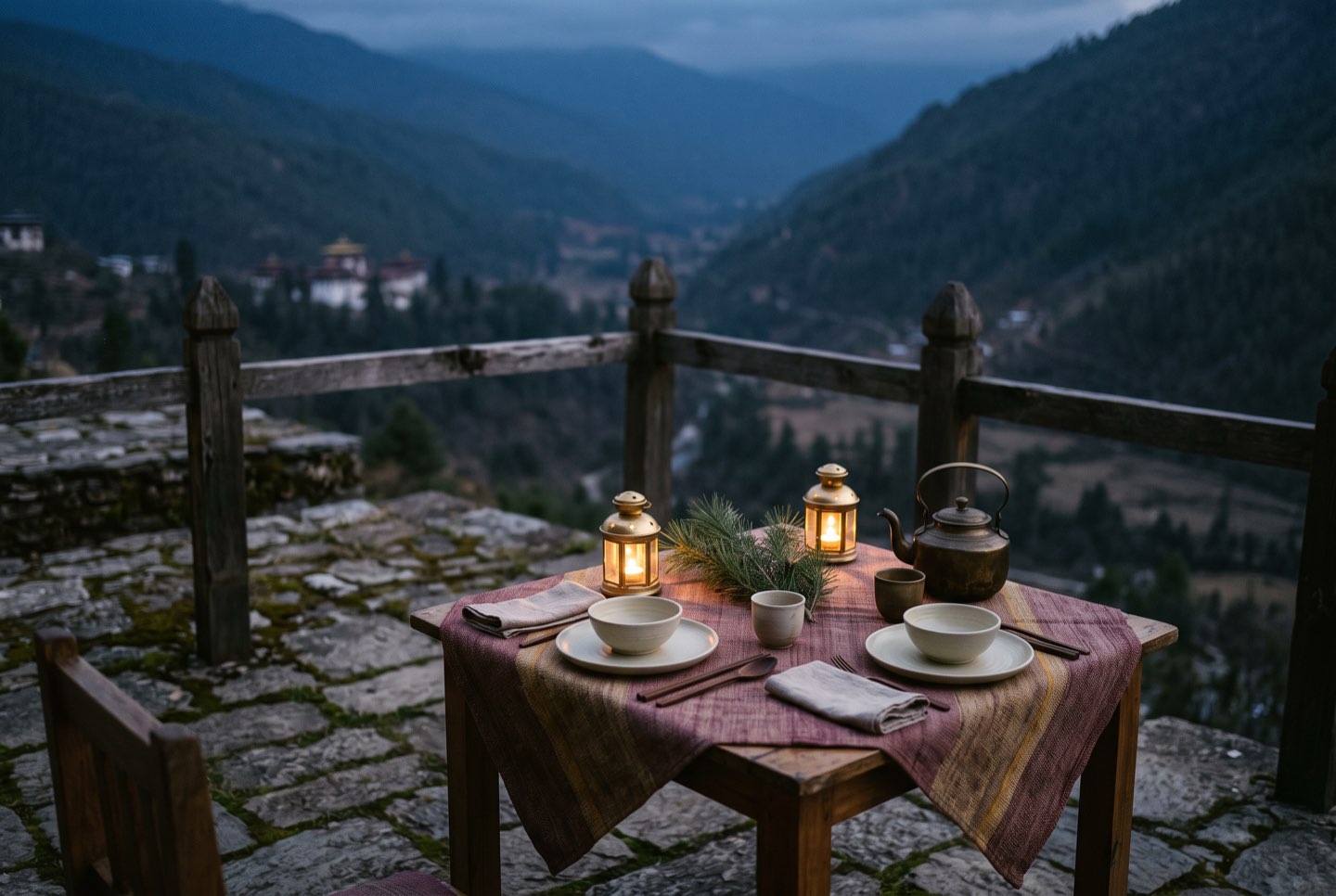 A table for two on a stone terrace at dusk