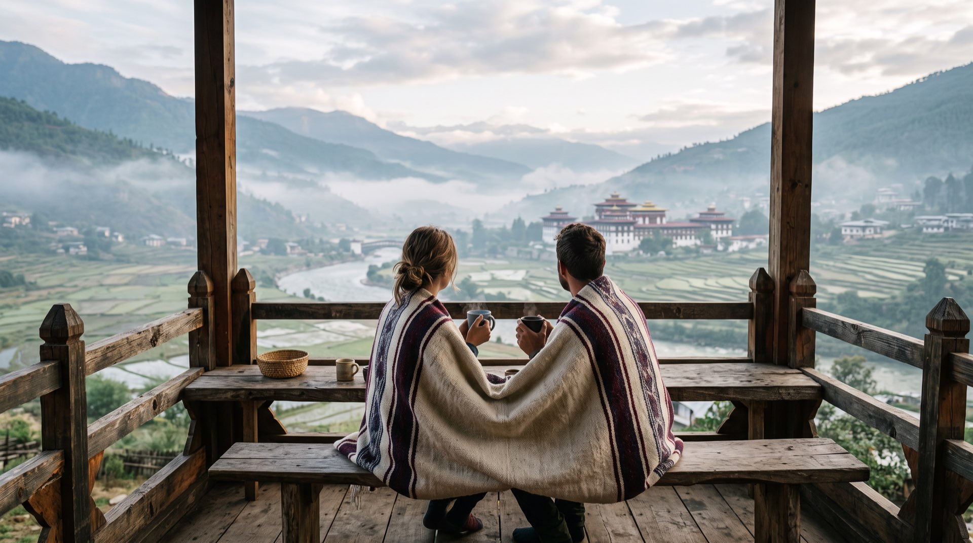 A couple watching mist lift from a lodge terrace