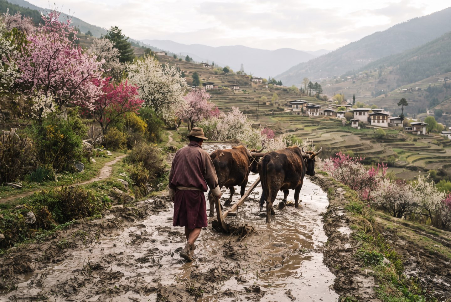 Ploughing a spring terrace with oxen