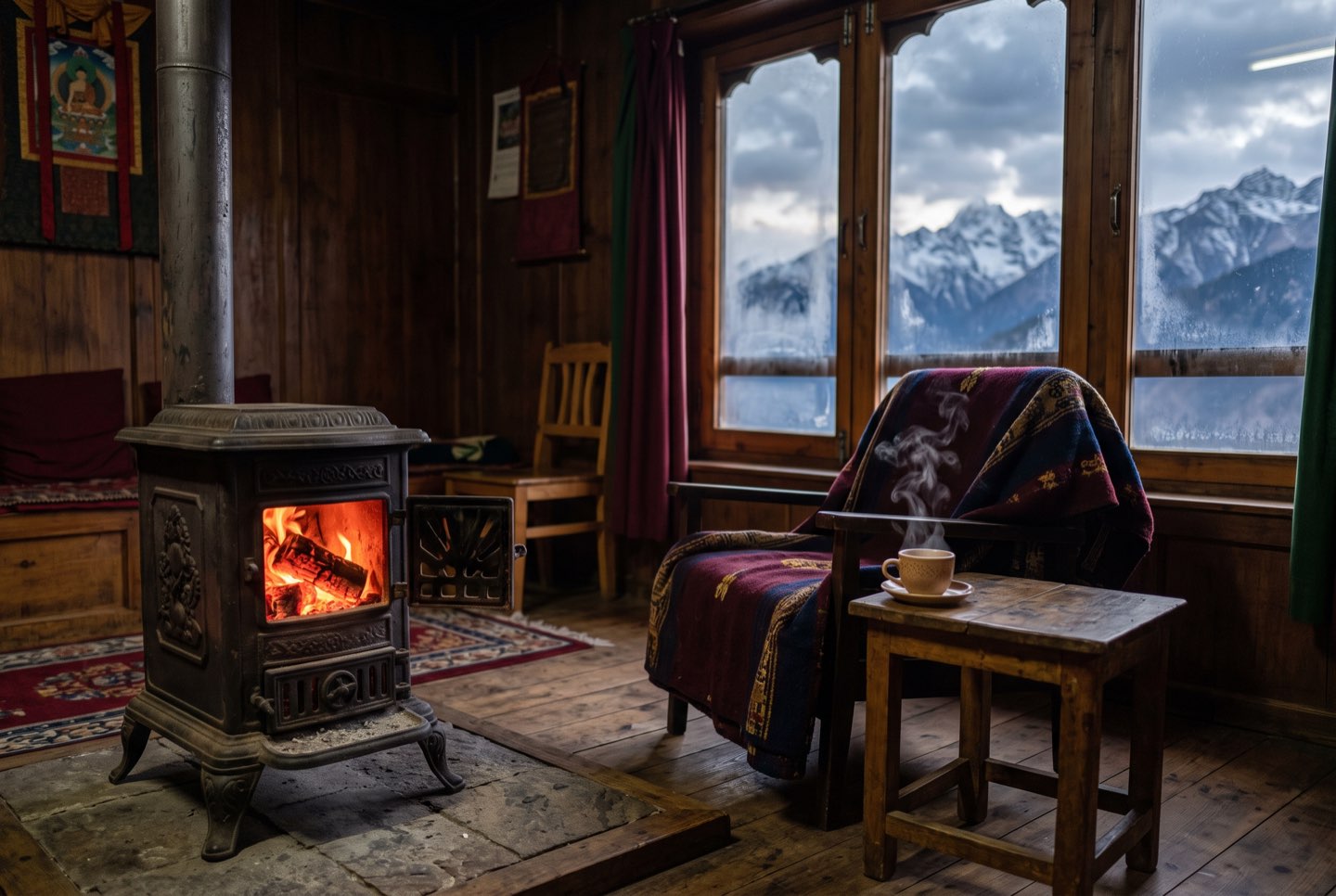 A glowing wood stove and tea in a winter lodge