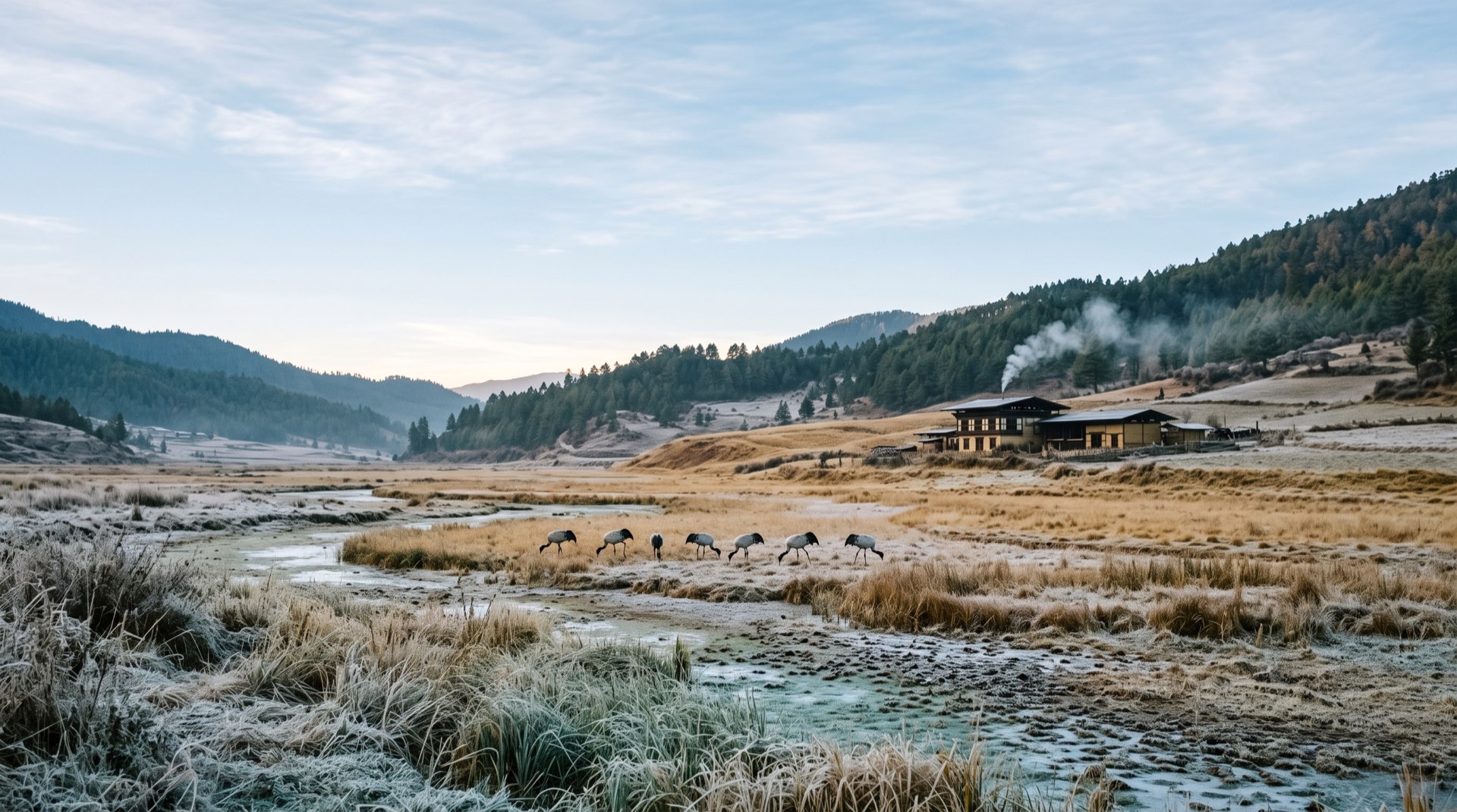 Frosty Phobjikha valley with cranes feeding at dawn