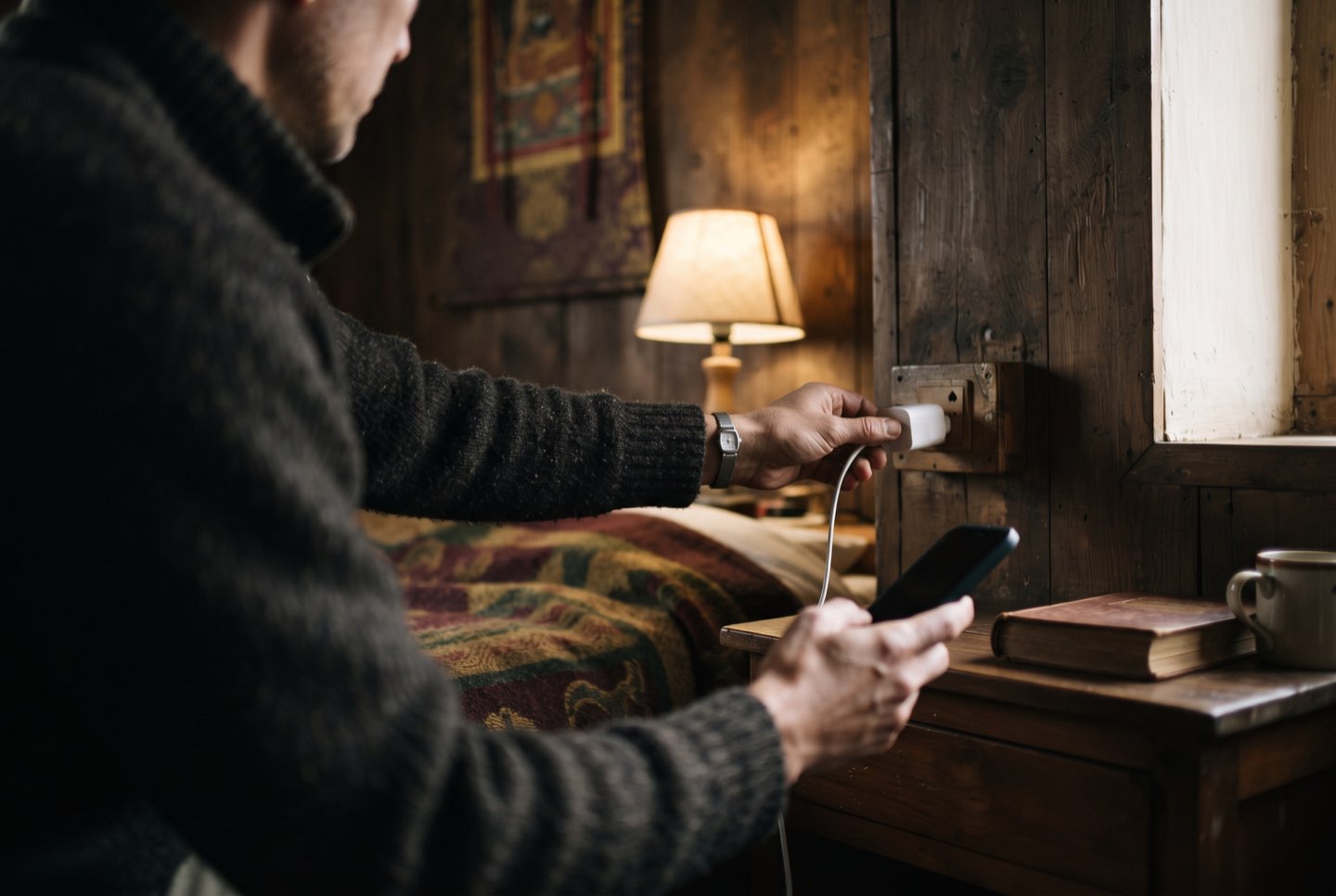 Charging a phone in a lodge room