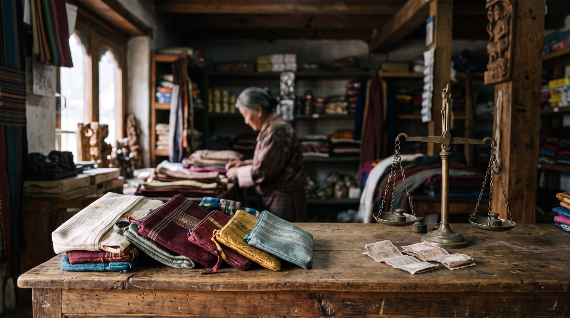 A village shop counter with woven purses