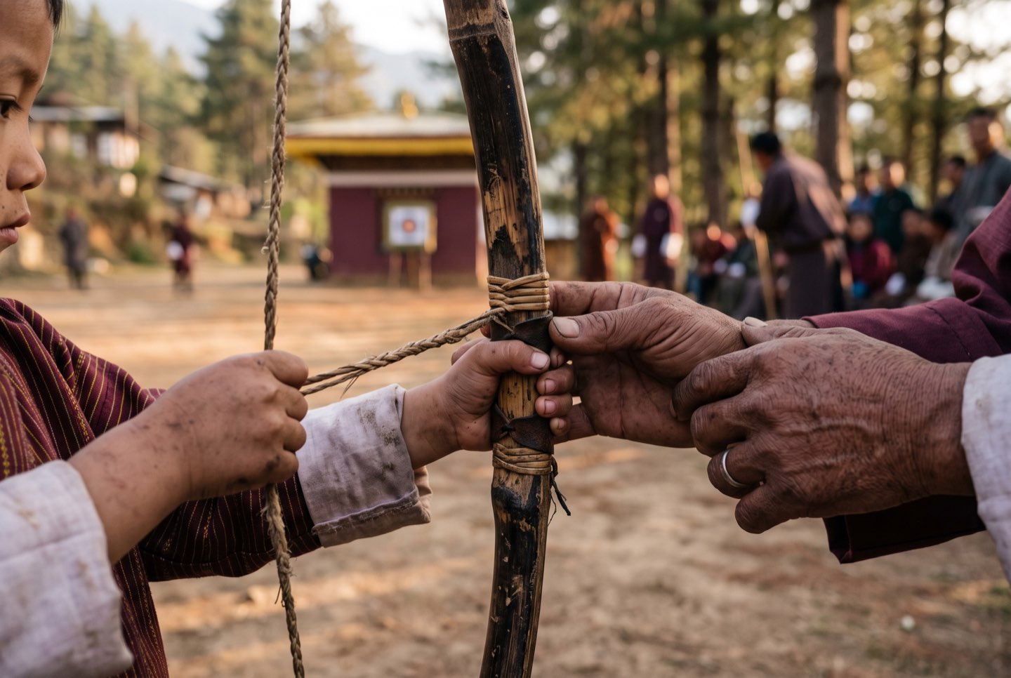 A child learning to hold a traditional bamboo bow