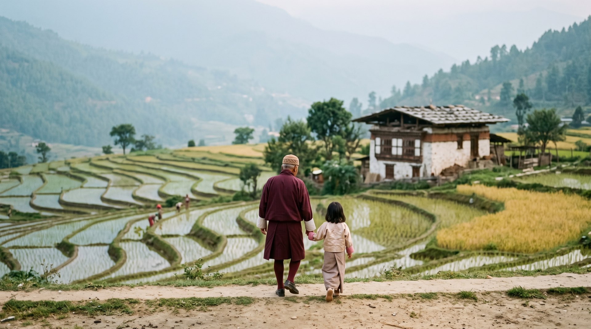 A grandfather and granddaughter walking beside rice terraces