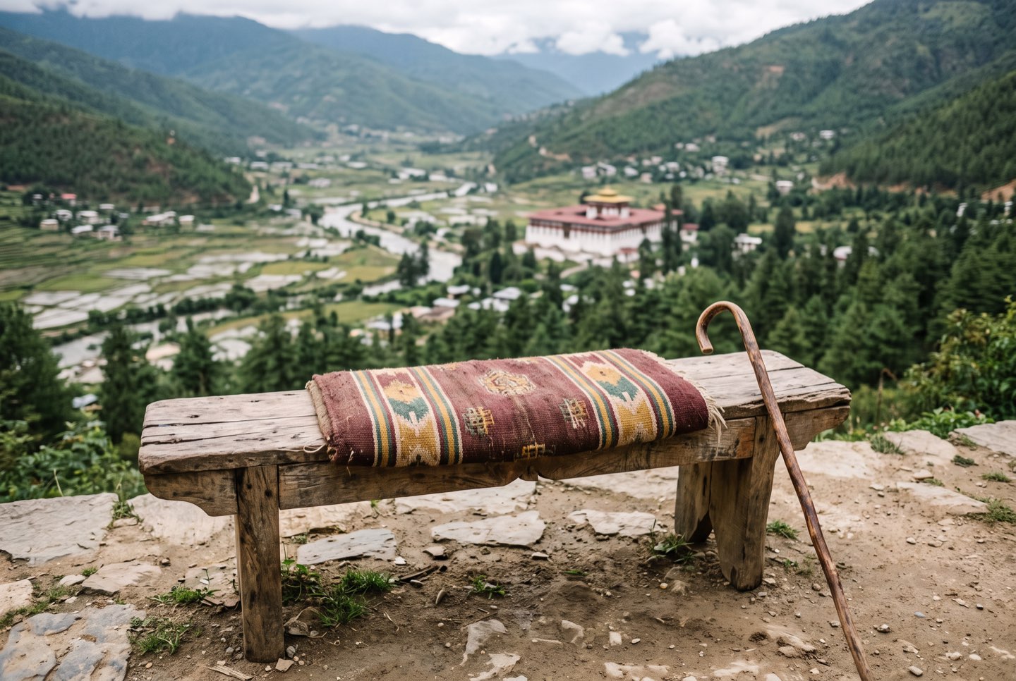 A bench with a wool cushion at a Paro viewpoint, a walking stick resting beside it