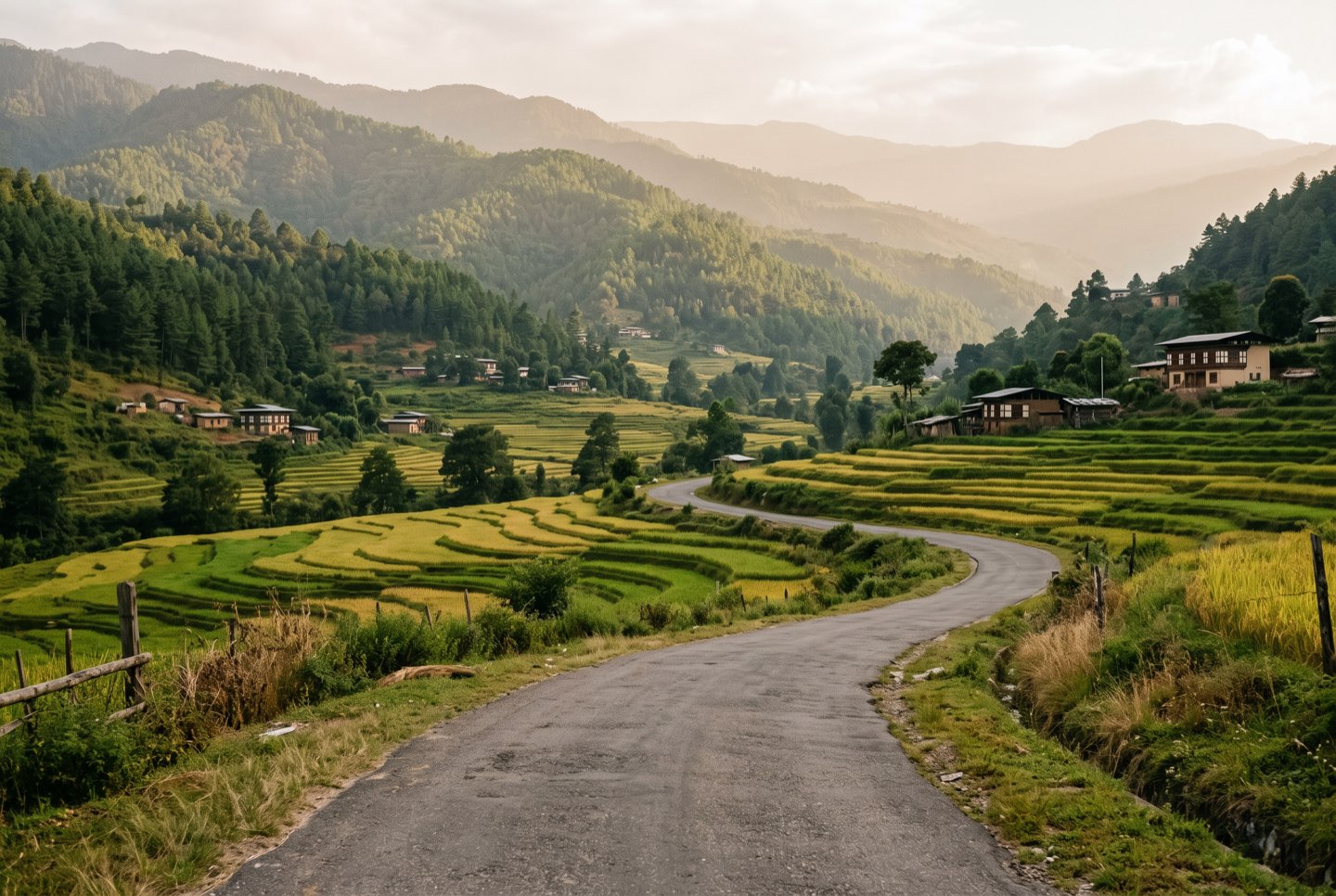 A country road winding through terraced fields and forested hills