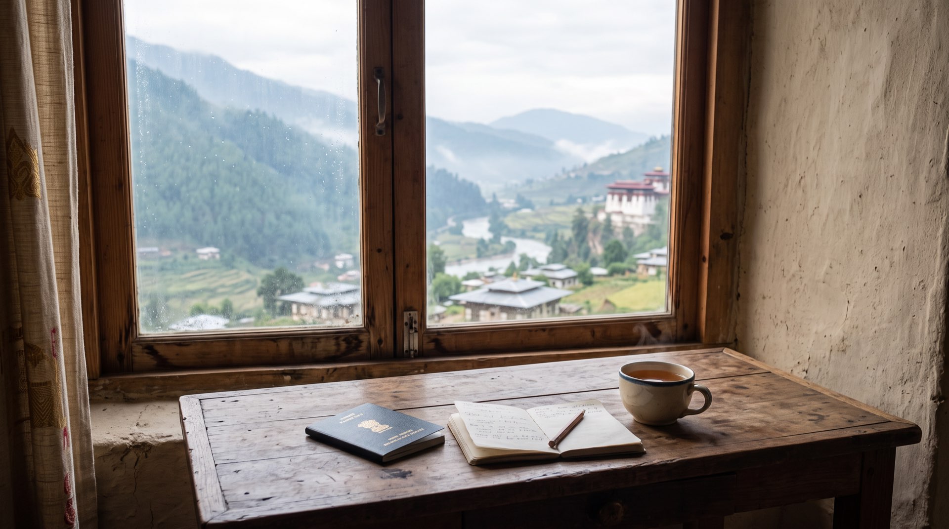 A planning desk by a lodge window