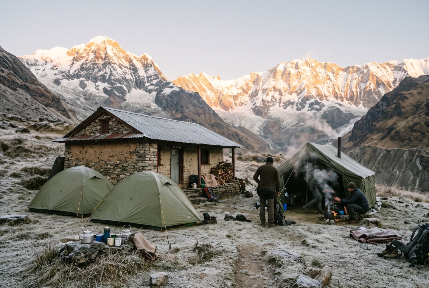 A trek camp at dawn in frost