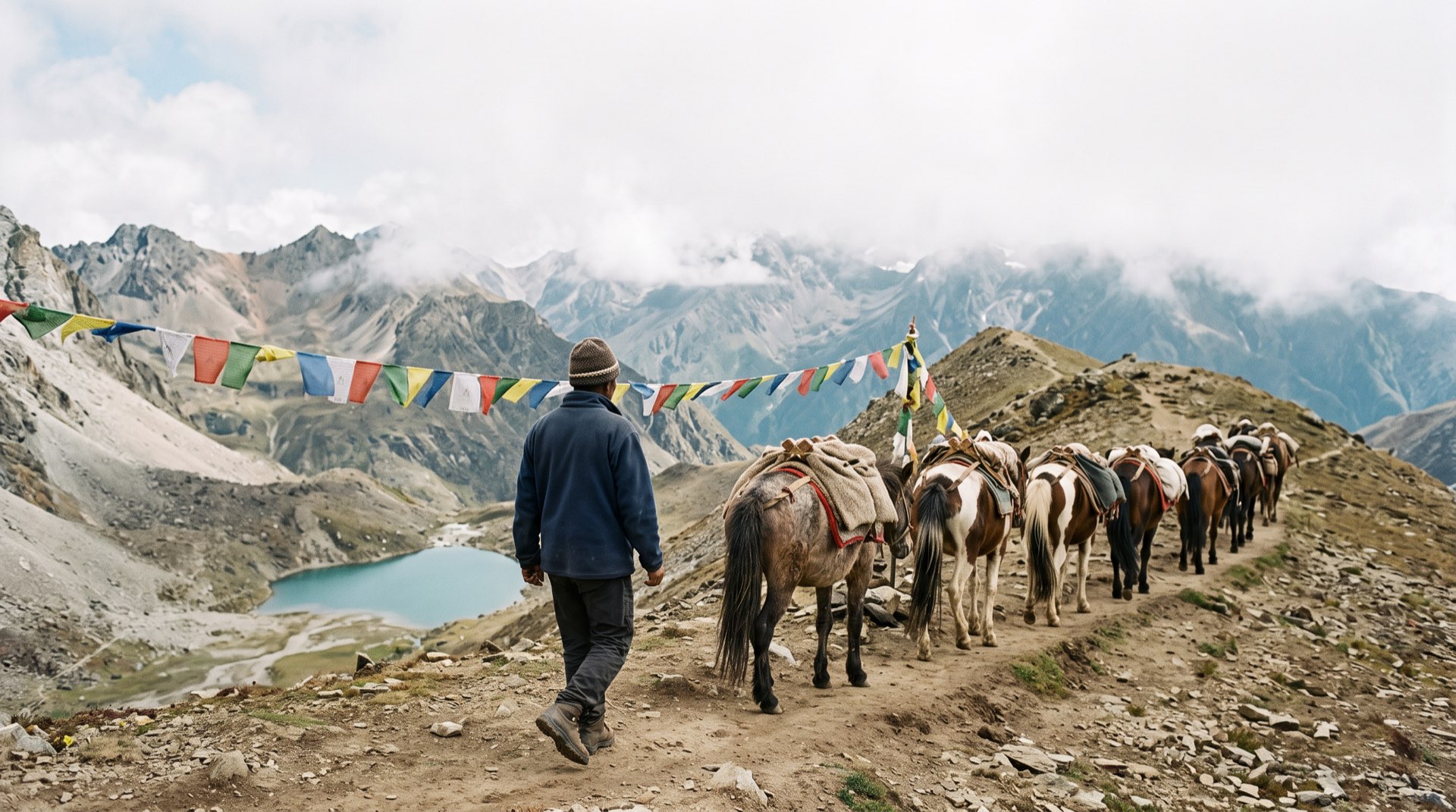 Pack ponies on a high alpine trail