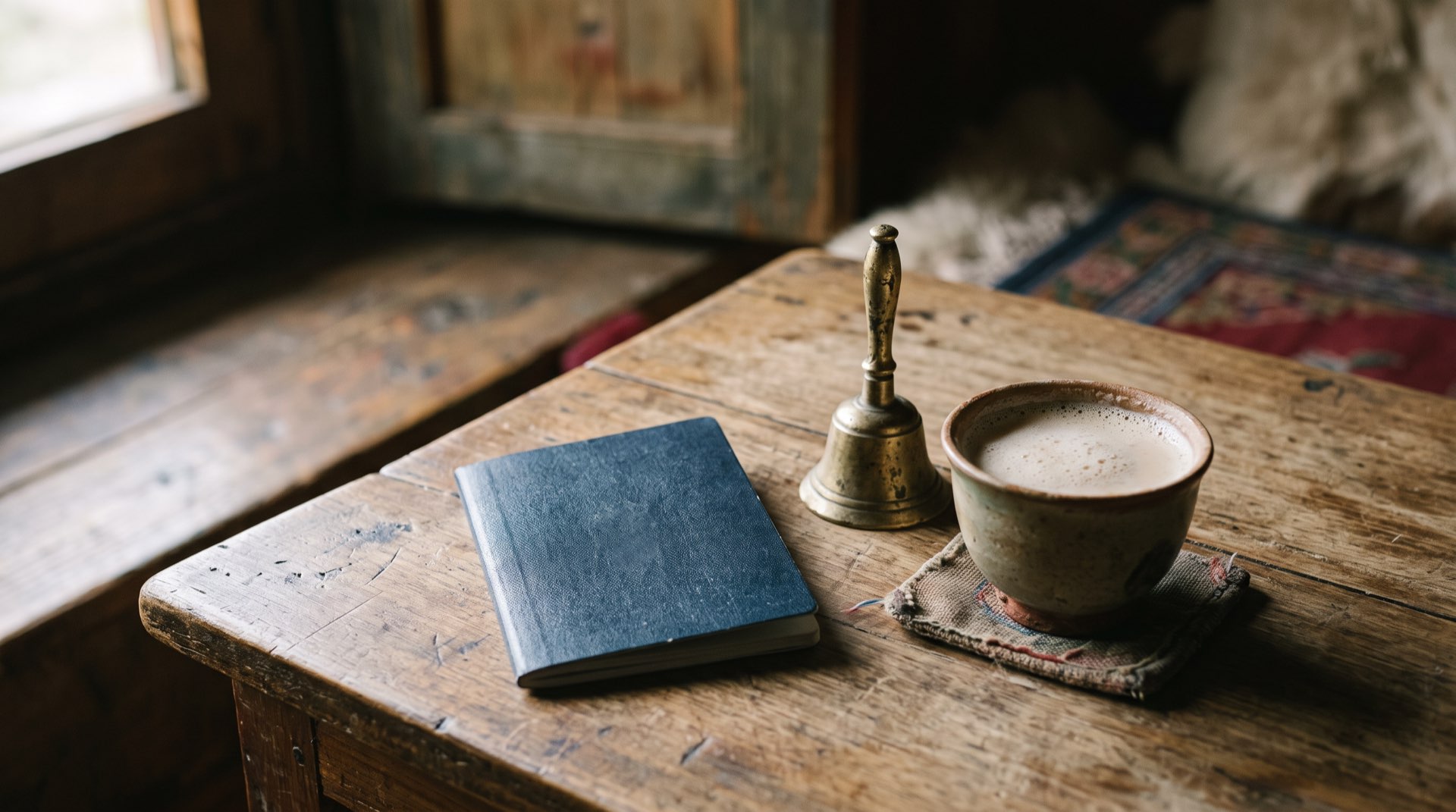 A closed passport on a wooden table with tea