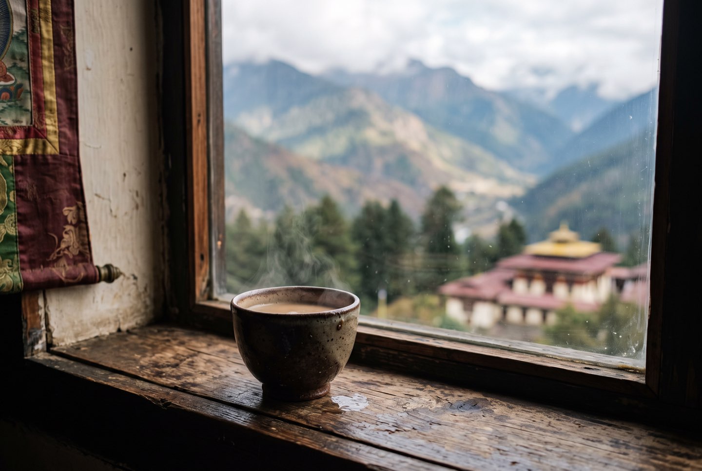 Butter tea on a windowsill with a mountain view