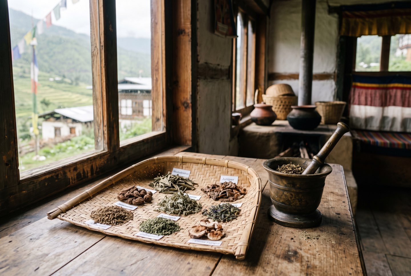Dried herbs on a bamboo tray beside a brass mortar