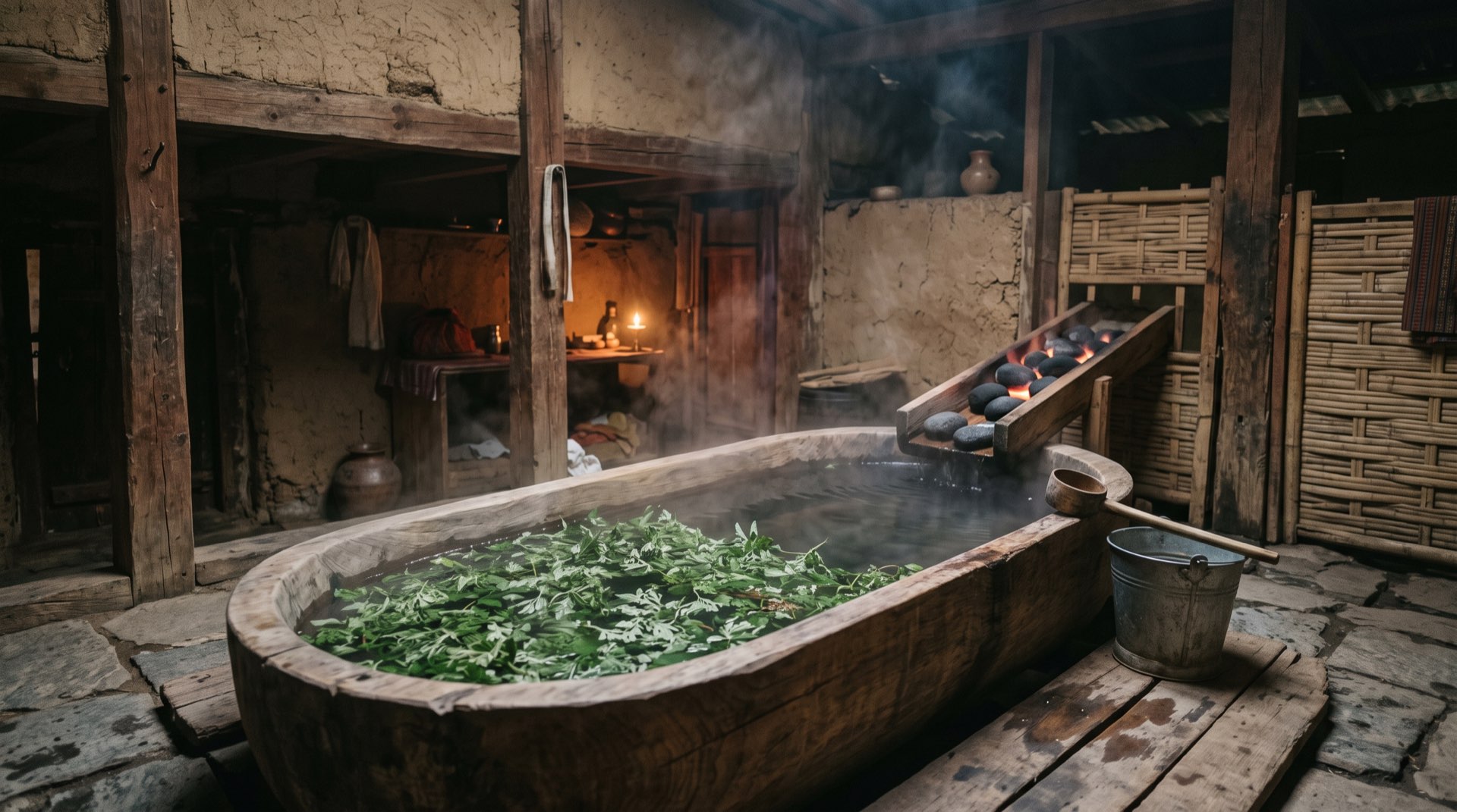A traditional hot-stone bath with steam and artemisia leaves