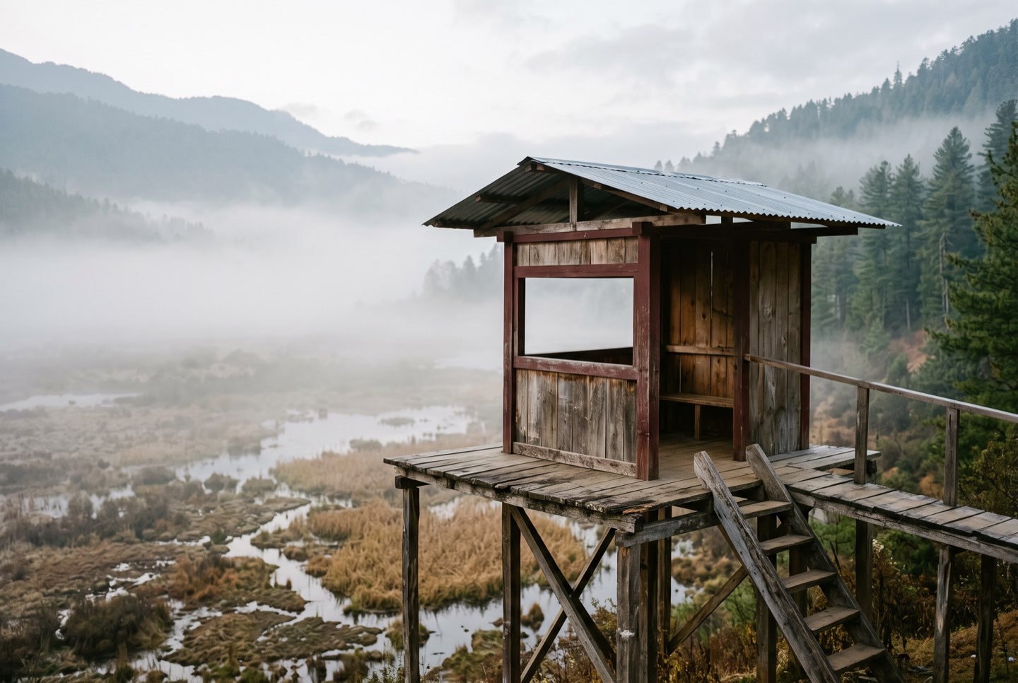 A small wooden lookout hut above a misty marsh clearing at dawn