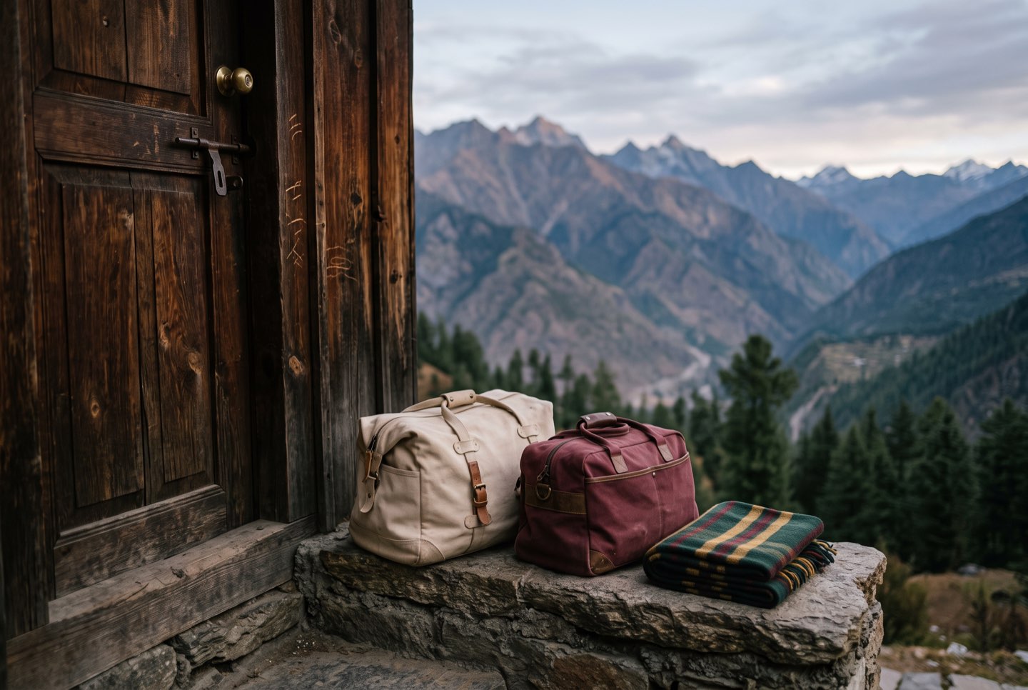 Packed bags at a lodge door at dawn