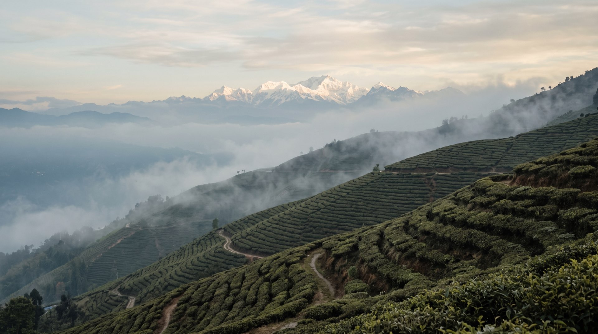 Tea terraces at dawn with a distant snow peak