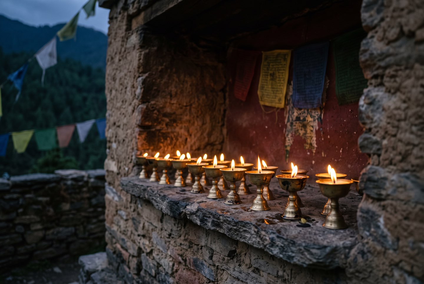 Butter lamps glowing at a chorten at dusk