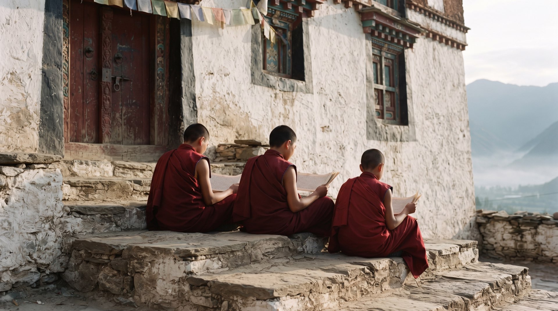 Monks reading on temple steps in morning sun
