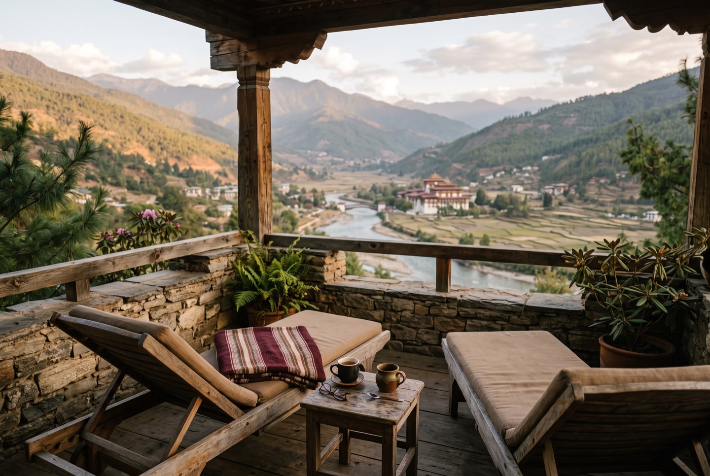 Two chairs on a lodge terrace facing the Punakha valley