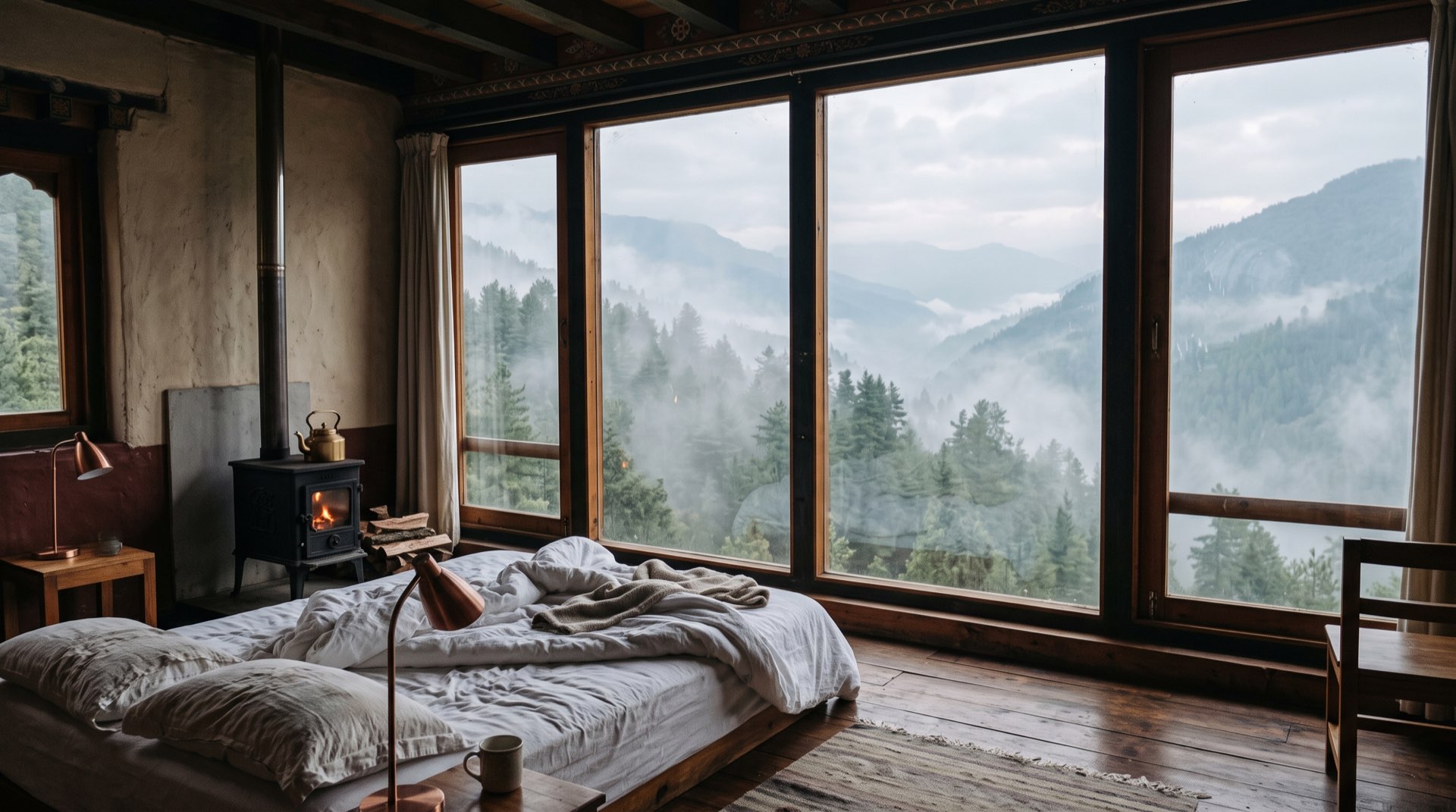 A lodge suite at dawn with forest views