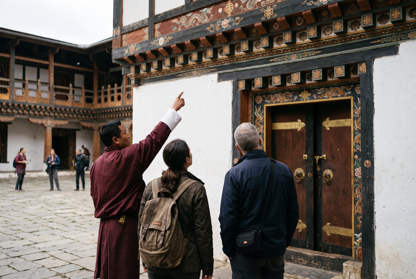 A guide pointing out painted detail to guests