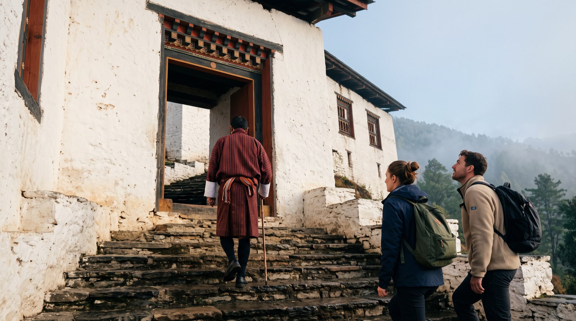 A guide leading guests into a dzong gateway