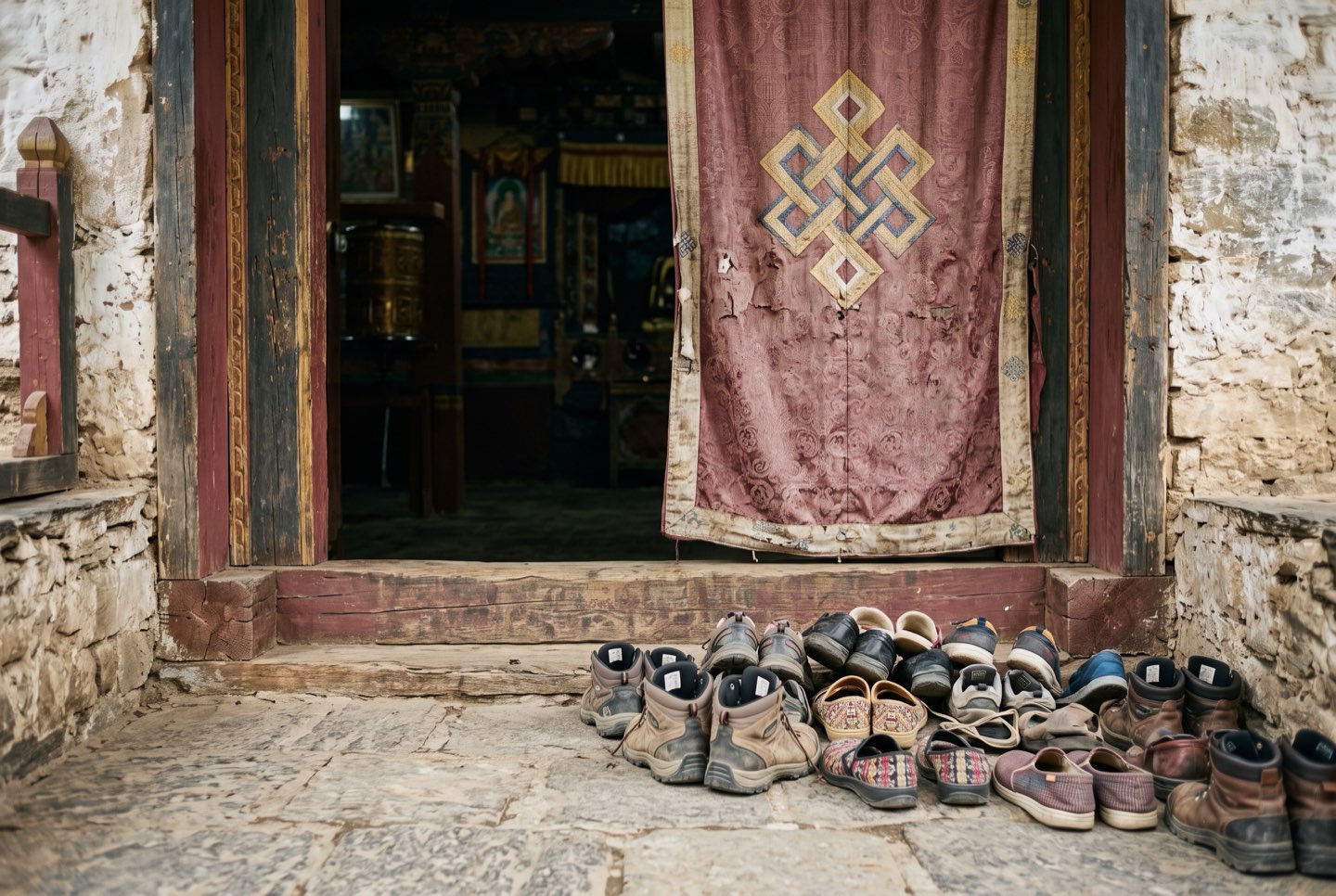 Shoes left outside a temple door