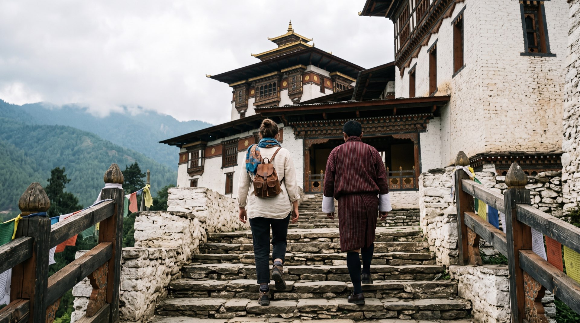 A traveller and guide climbing the steps into Punakha Dzong