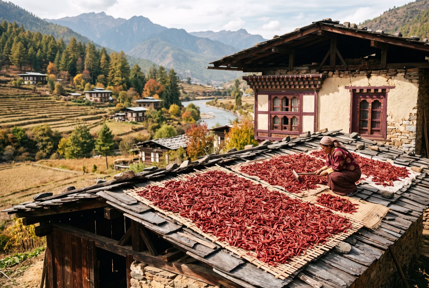 Red chillies drying on a farmhouse roof