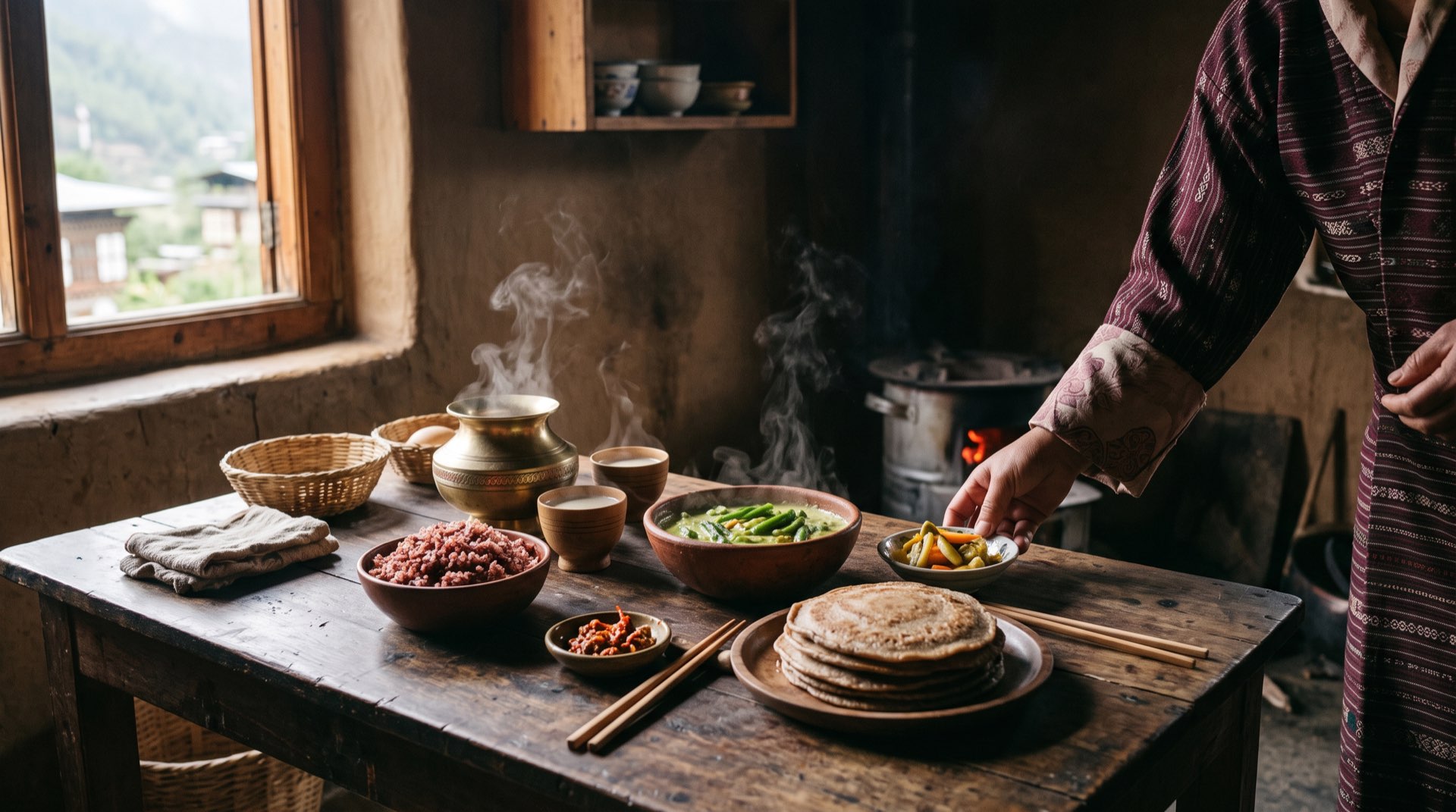 A farmhouse table of ema datshi, red rice and butter tea