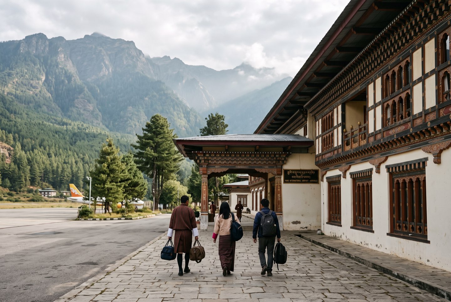 Travellers walking to Paro’s painted terminal building