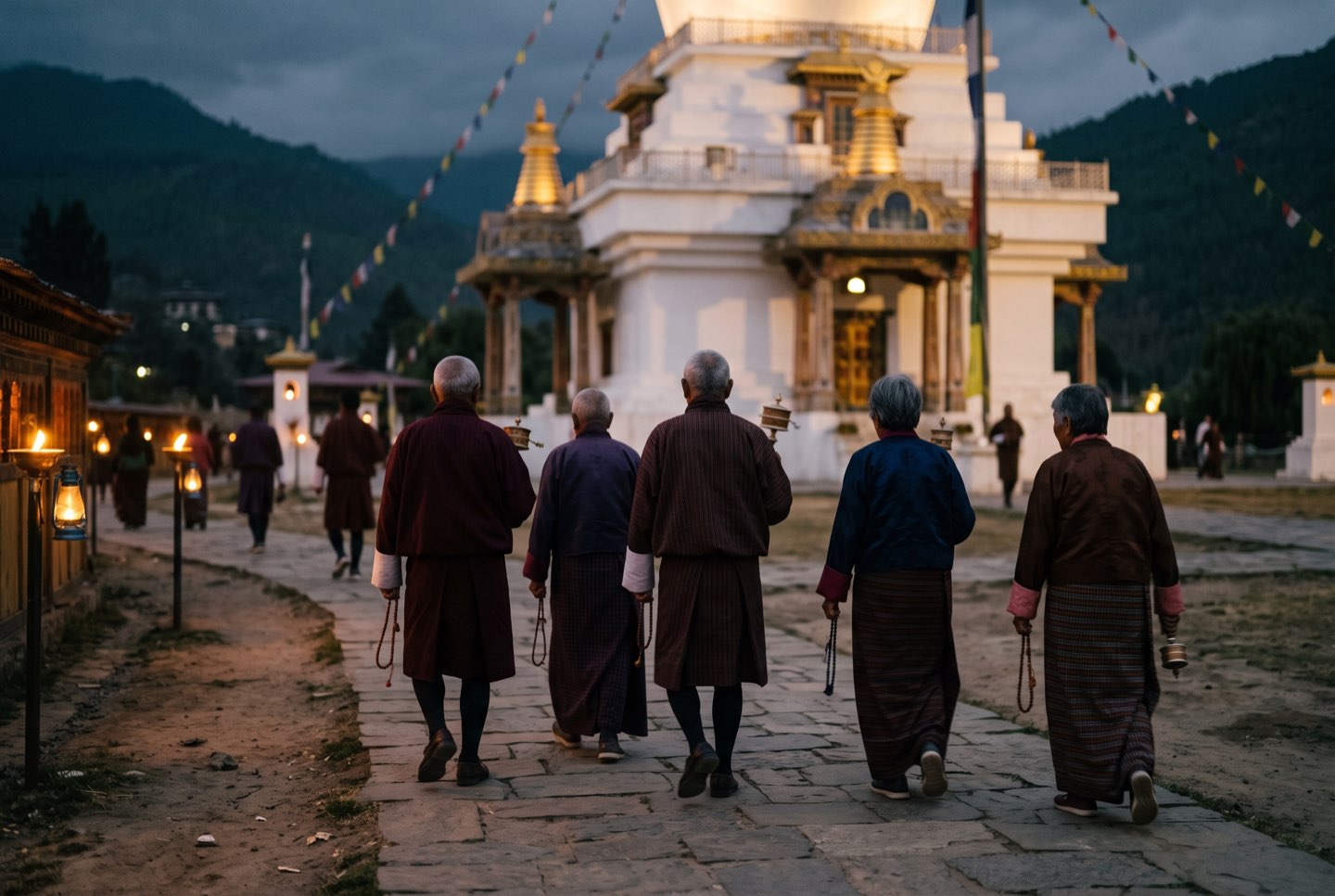 Evening circumambulation at the National Memorial Chorten