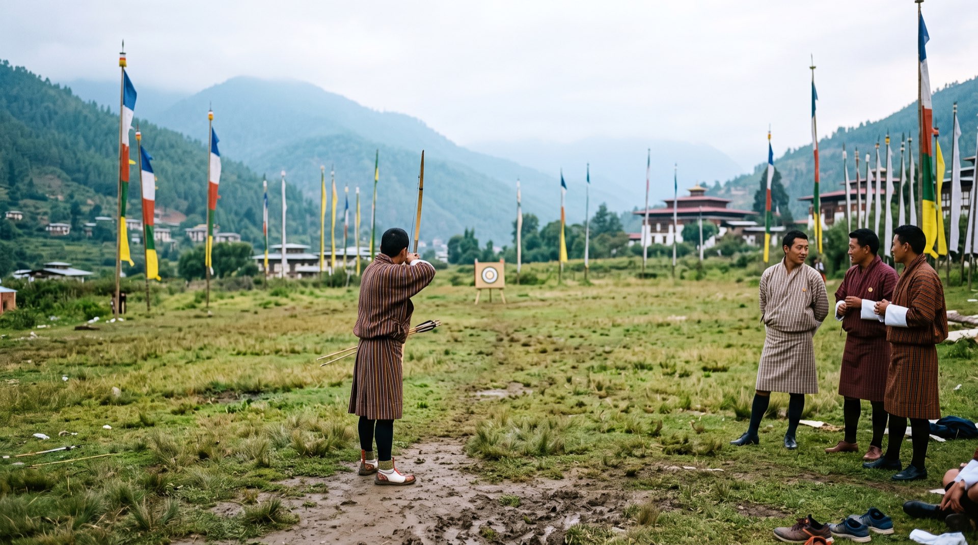 Archers in gho at a village archery match