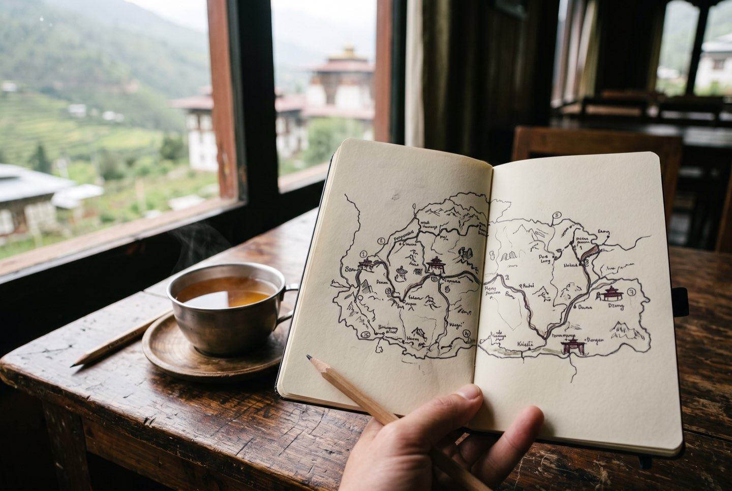 A hand-drawn route plan on a lodge desk
