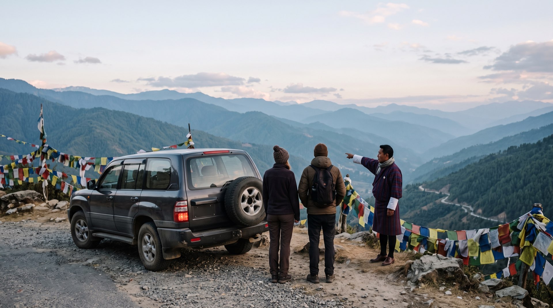 Travellers and their guide at a prayer-flag pass viewpoint
