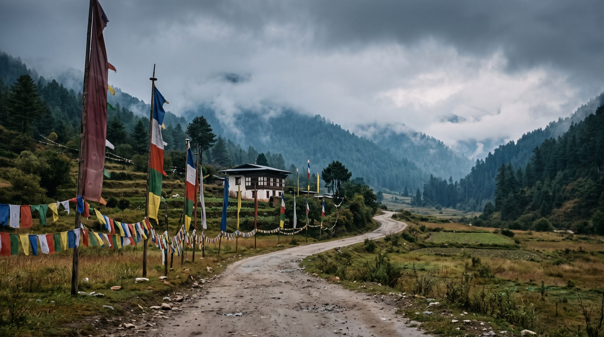 An empty prayer-flag road in the Haa valley at dawn
